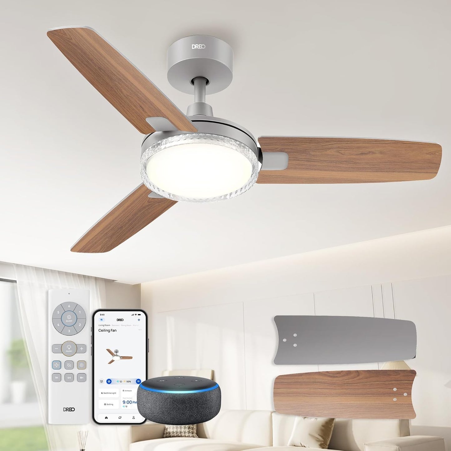 Ventilador techo inteligente gris 42pulg 12 vel LED