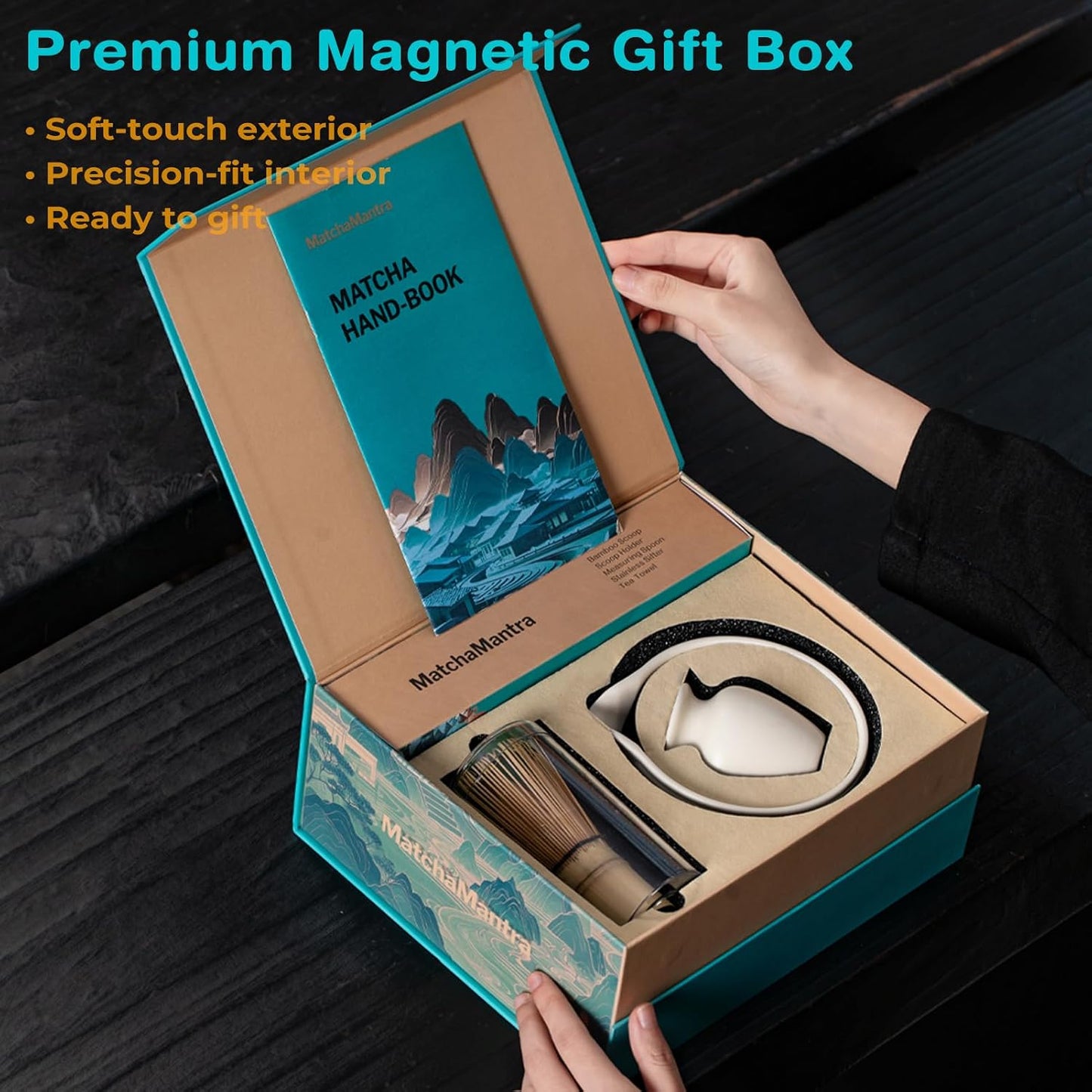 Juego Matcha 9 Pzas Caja Regalo Magnética Blanco Lechoso
