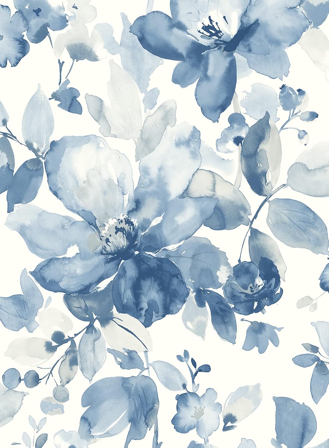 Papel pintado flores acuarela azul piedra