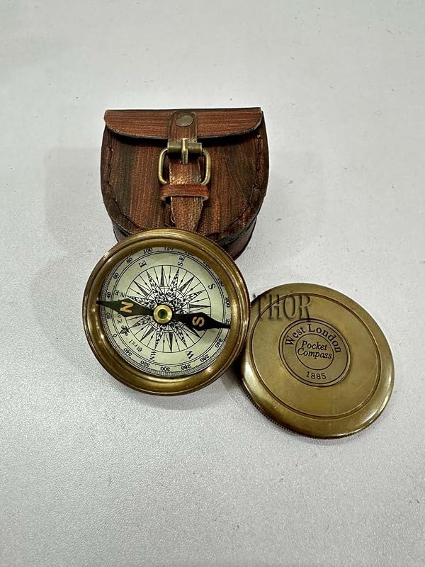 Brújula latón antiguo con estuche cuero para campamento y regalo