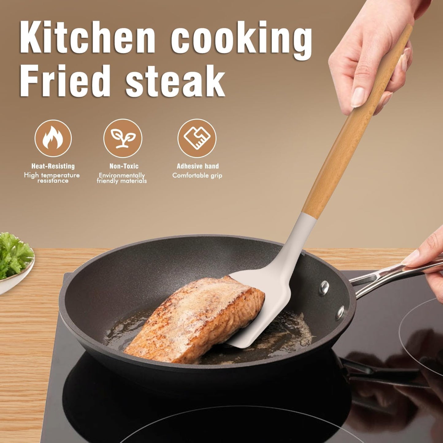 Set espátulas silicona asas madera resistente 446°F caqui