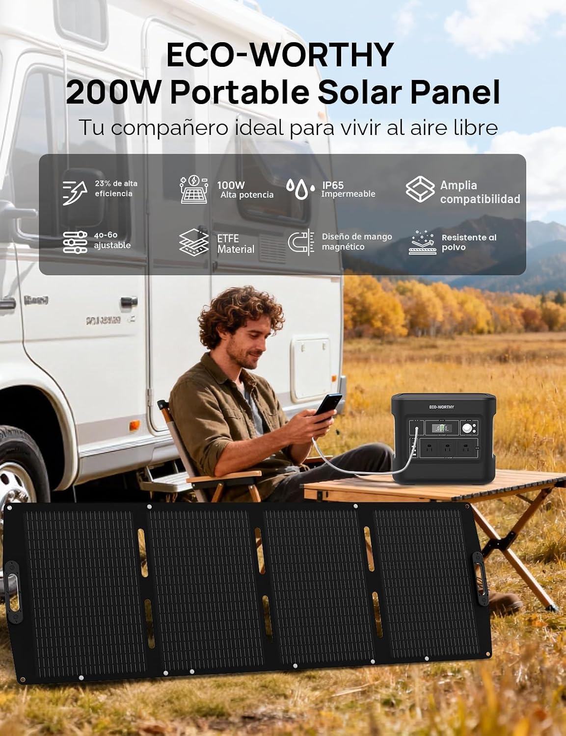 Panel solar portátil 200w ip65 plegable alta eficiencia 23%
