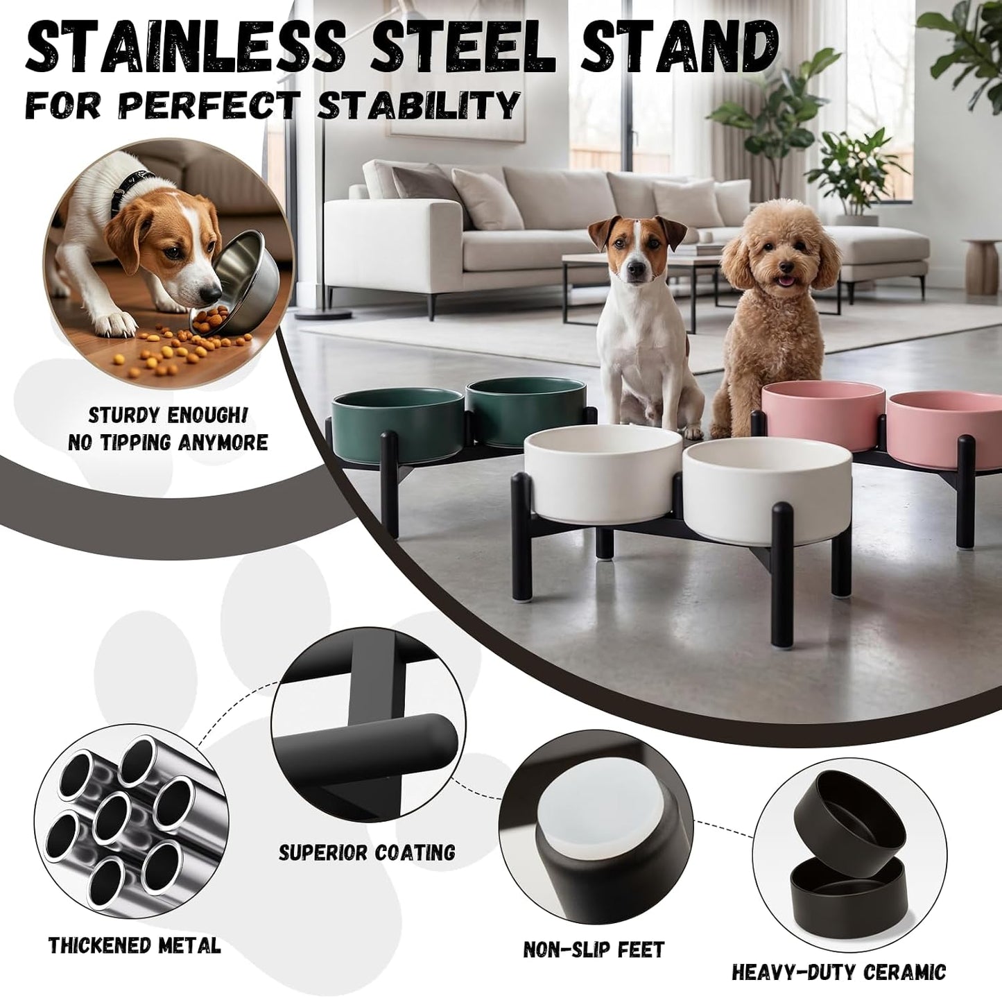Set cuencos elevados cerámica perros con soporte acero inox