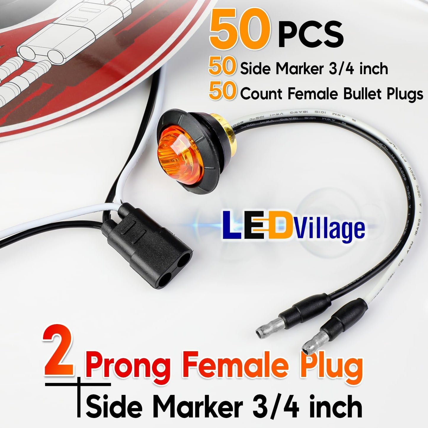 50 Luces LED Ámbar 3/4 DC con 50 Arneses Hembra para Camión
