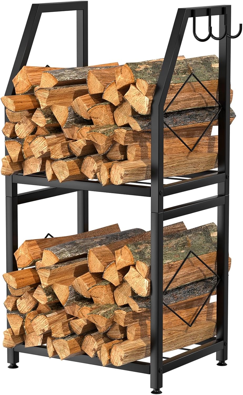 Estante leña 2 niveles 3 ganchos madera resistente negro