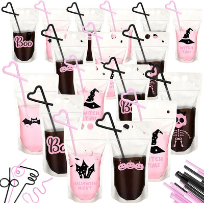 Set 24 bolsas bebida Halloween con pajita rosa y negro para adultos