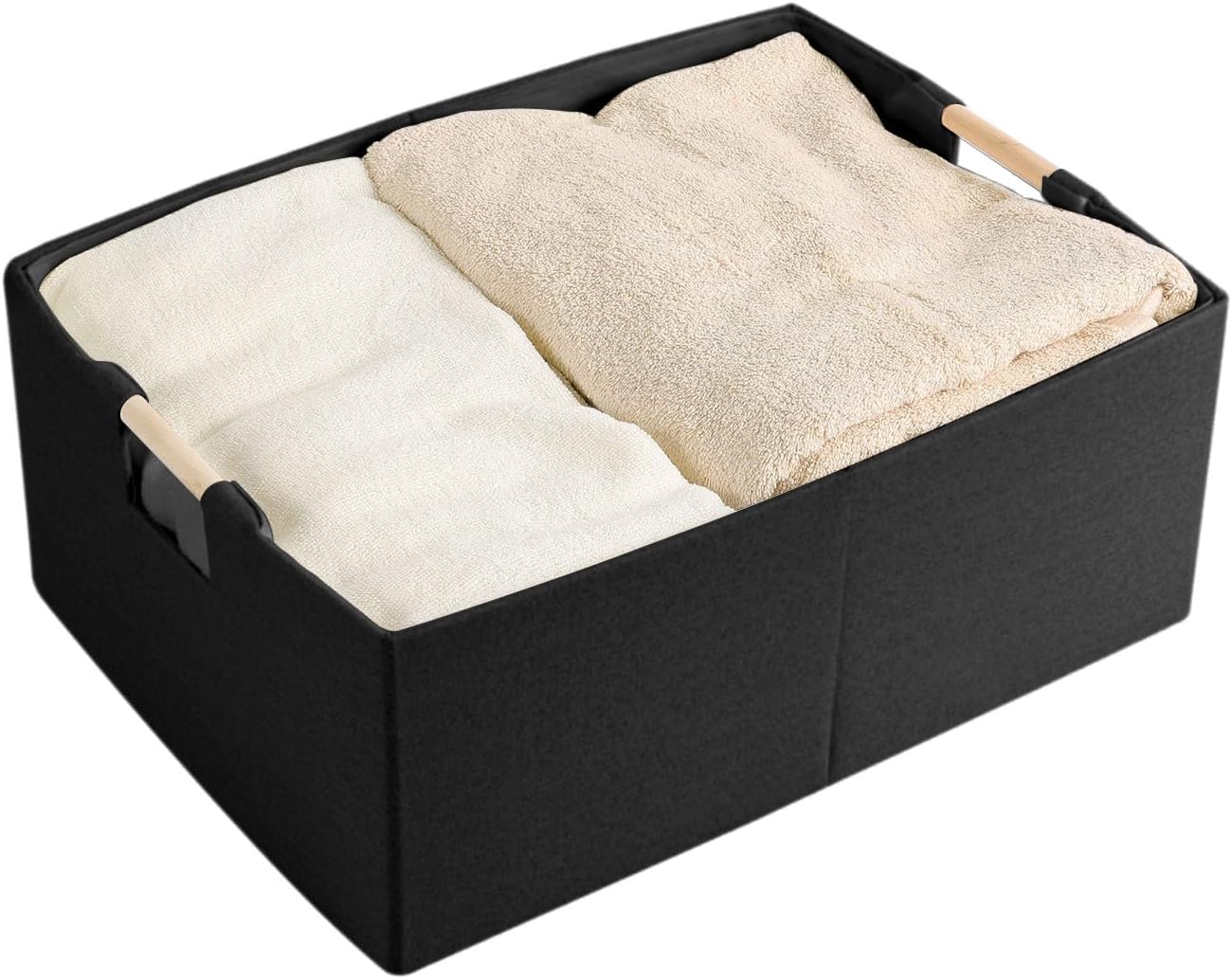 Cubo almacenamiento tela plegable asas madera negro