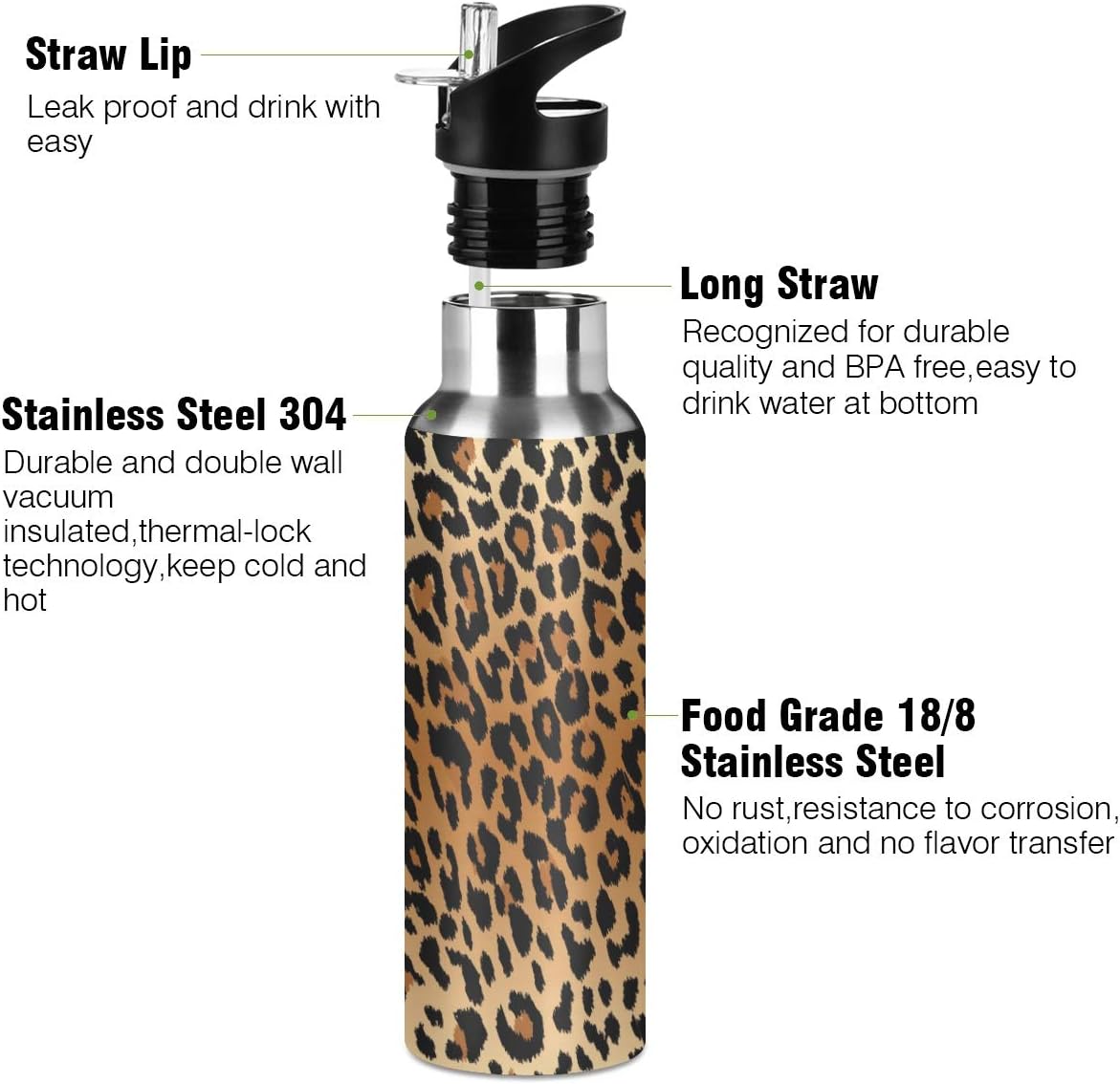 Botella agua deportiva acero inox termo leopardo 600ml