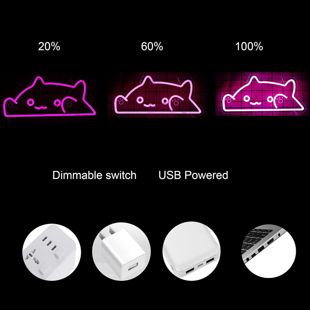 Letrero neón LED rosa forma gato USB decoración dormitorio