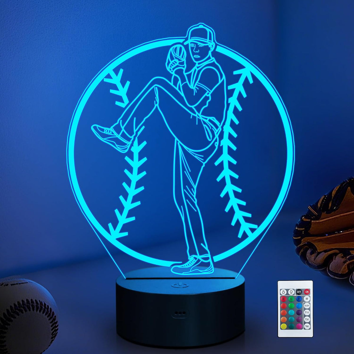 Luz Nocturna Béisbol Led 3D 16 Colores Control Remoto