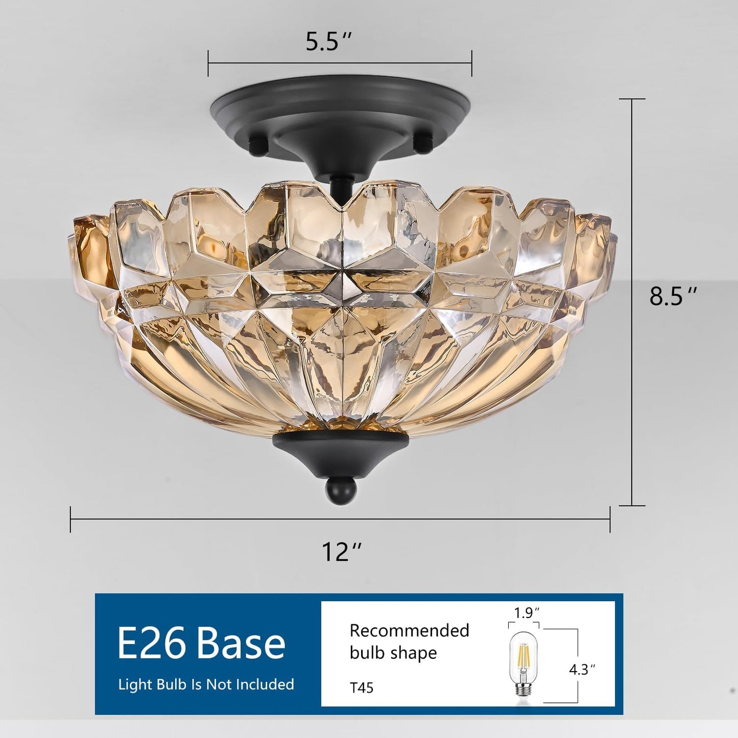 Lámpara techo 3 luces vidrio ámbar candelabro dorado