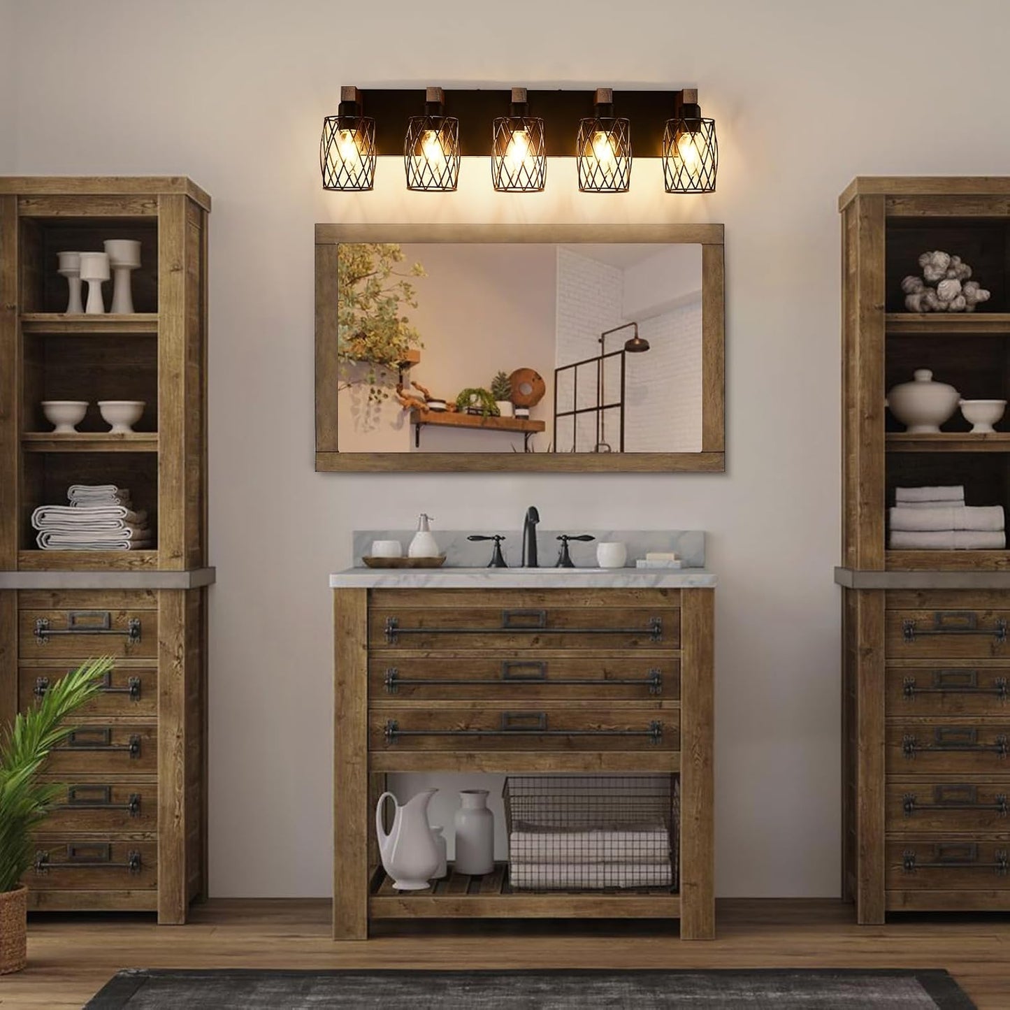 Lámpara tocador baño 5 luces madera pantalla metal jaula E26