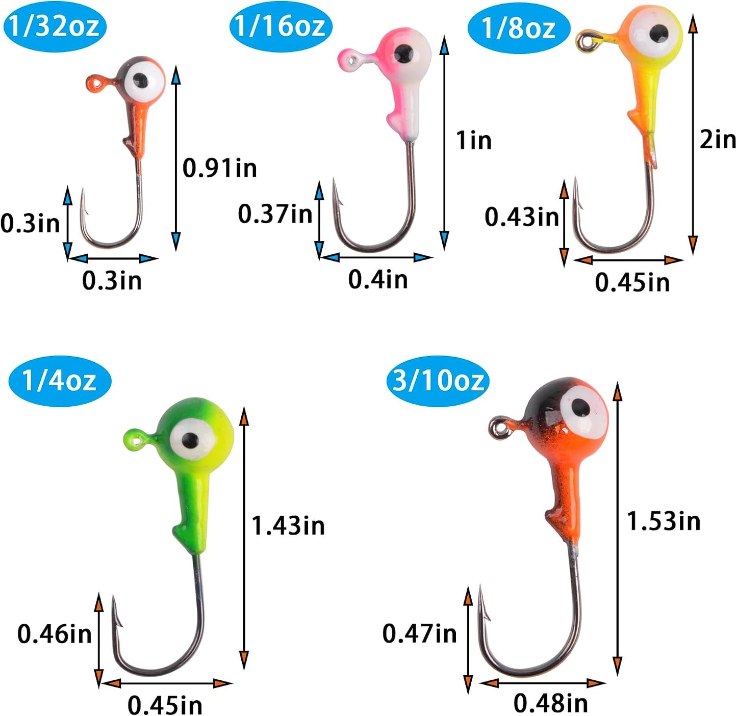 Set ganchos jig 55pzas cabeza redonda 3D para lucioperca