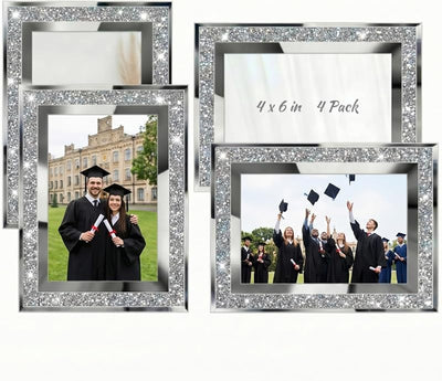 4 Portarretratos Graduación 4x6pulg Espejo Cristal Plateado