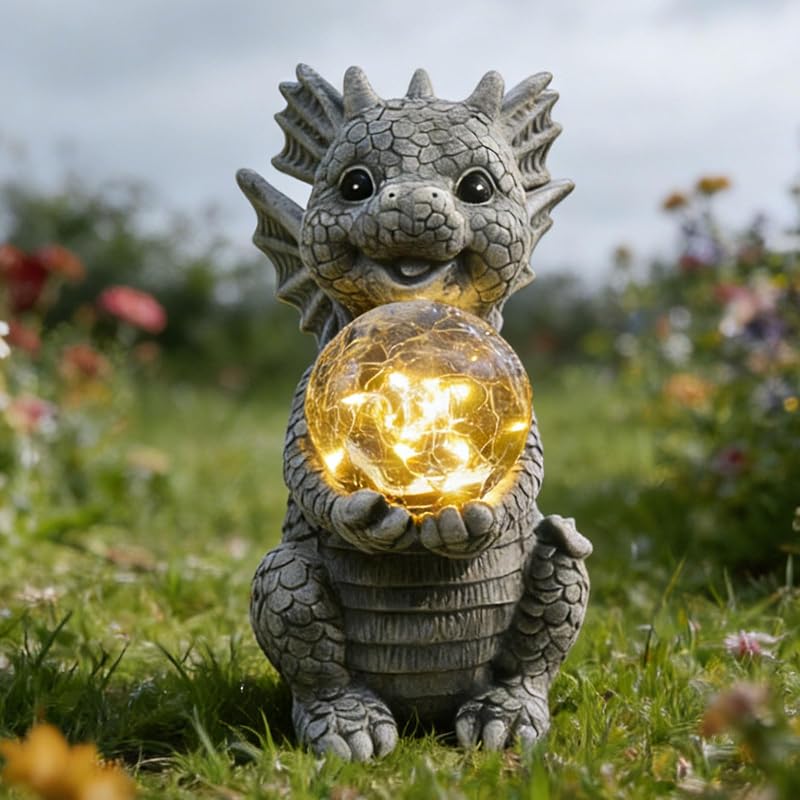 Decoración jardín estatua dragón con luz cristal agrietado