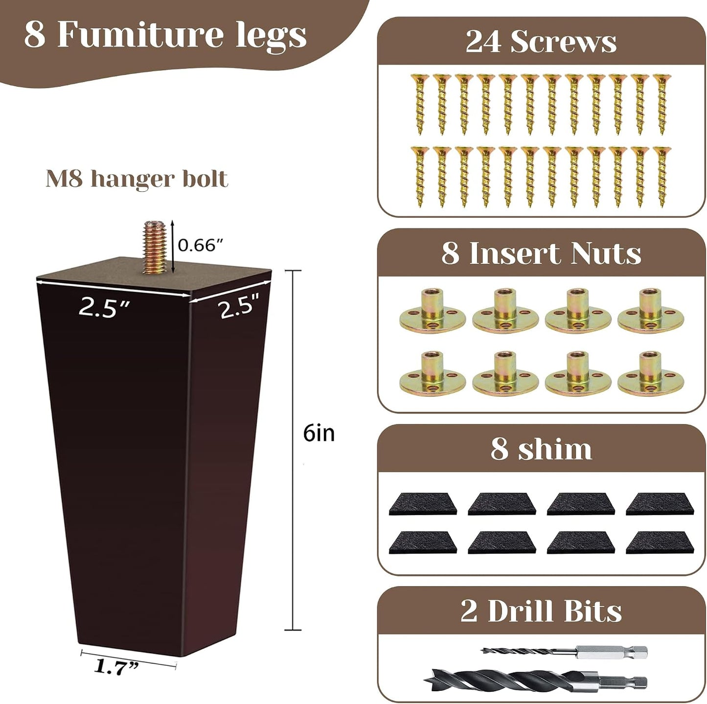 Set 8 patas cuadradas para cama madera 6pulg marrón oscuro