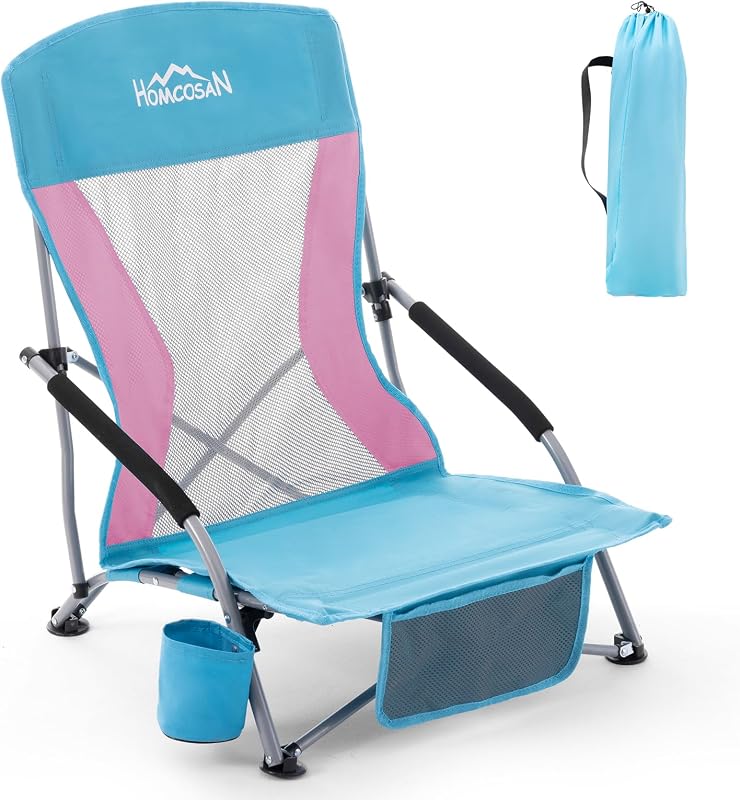 Silla playa plegable ligera con portavasos azul y rosa