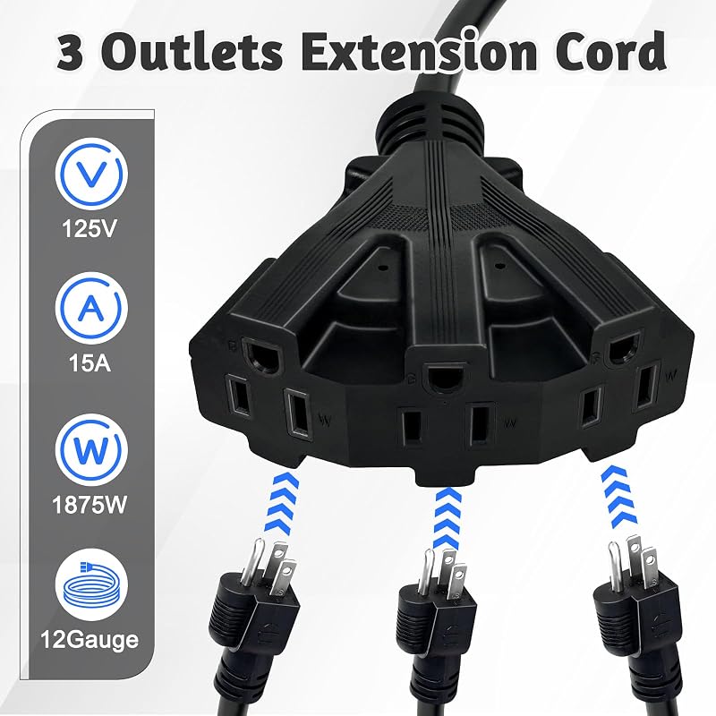 Cable extensión exterior 100ft 3 tomas 15A resistente agua