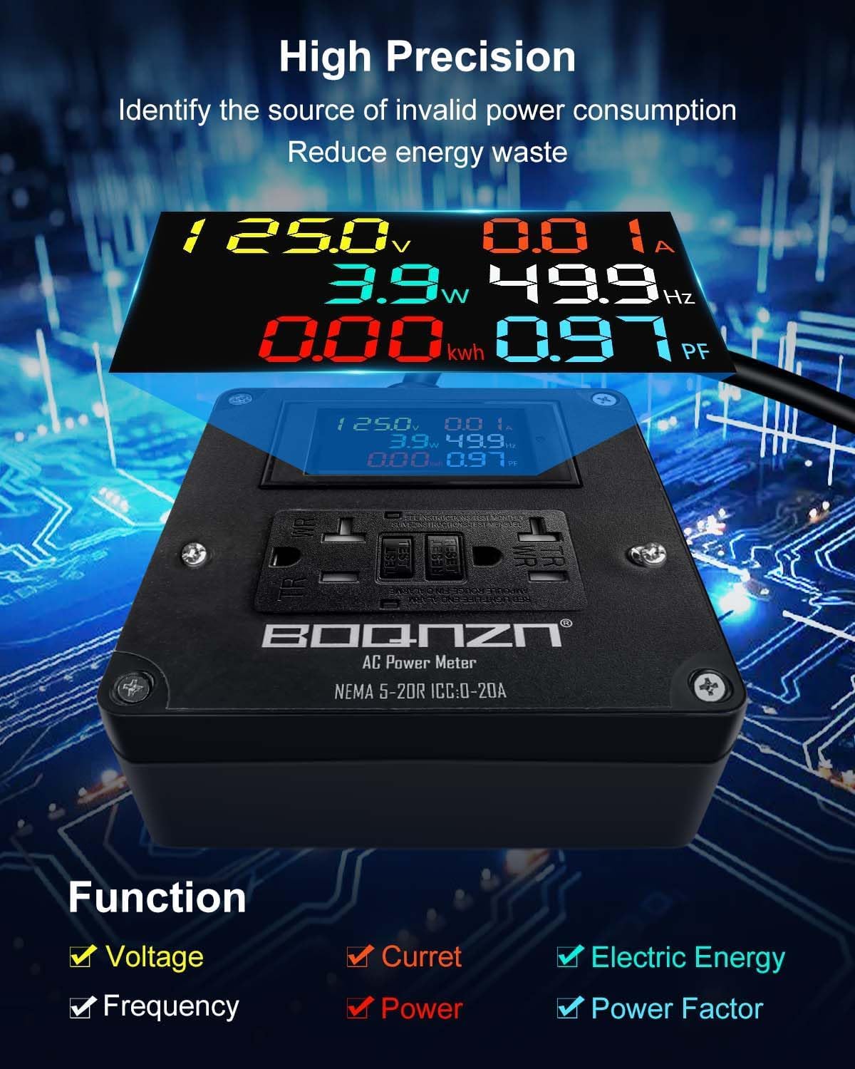 Medidor potencia CA 20A con pantalla LCD y cable 6.56pies