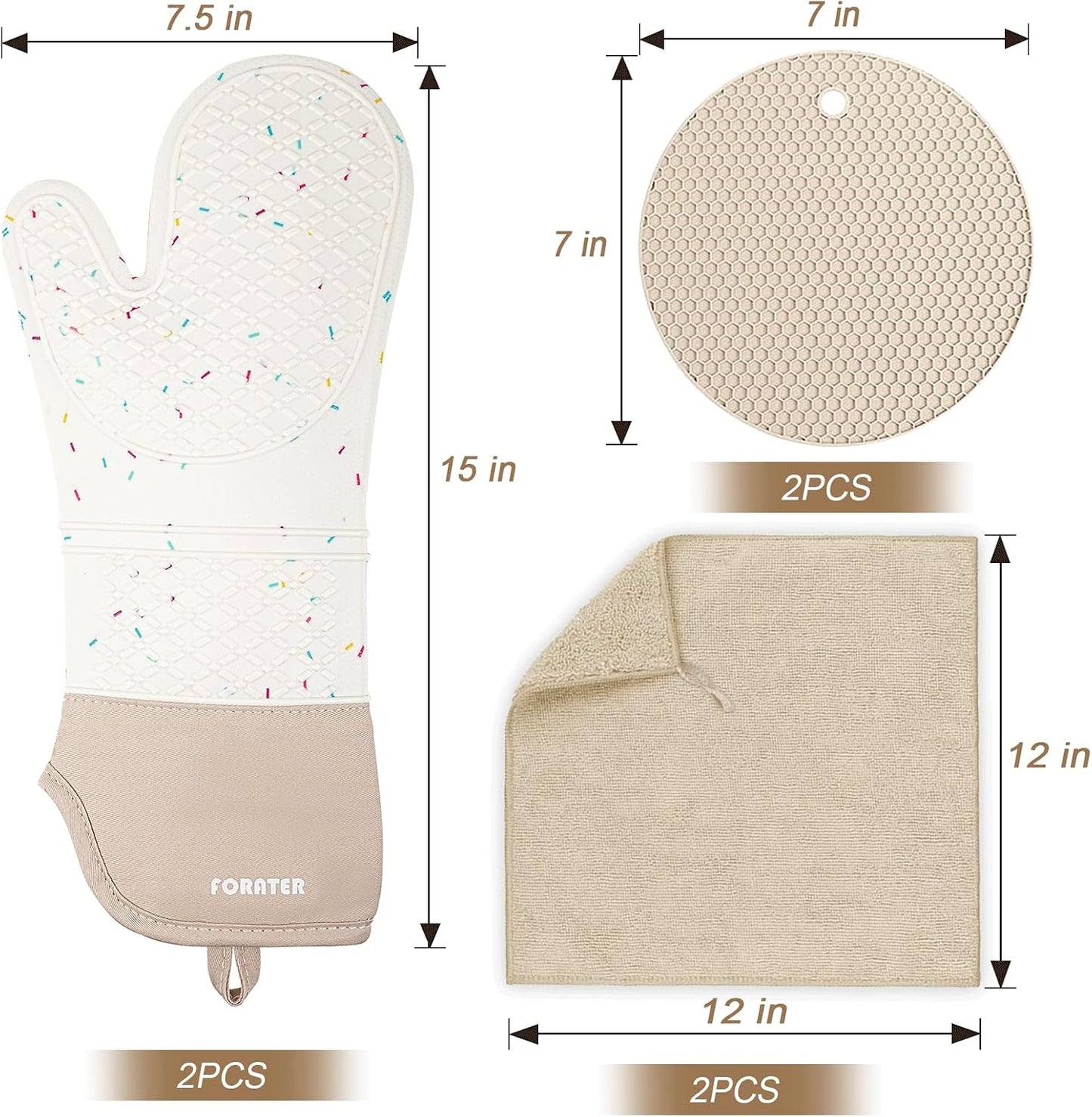 6 Pzas Guantes Horno 15" Algodón Silicón Antiderrap Blanco