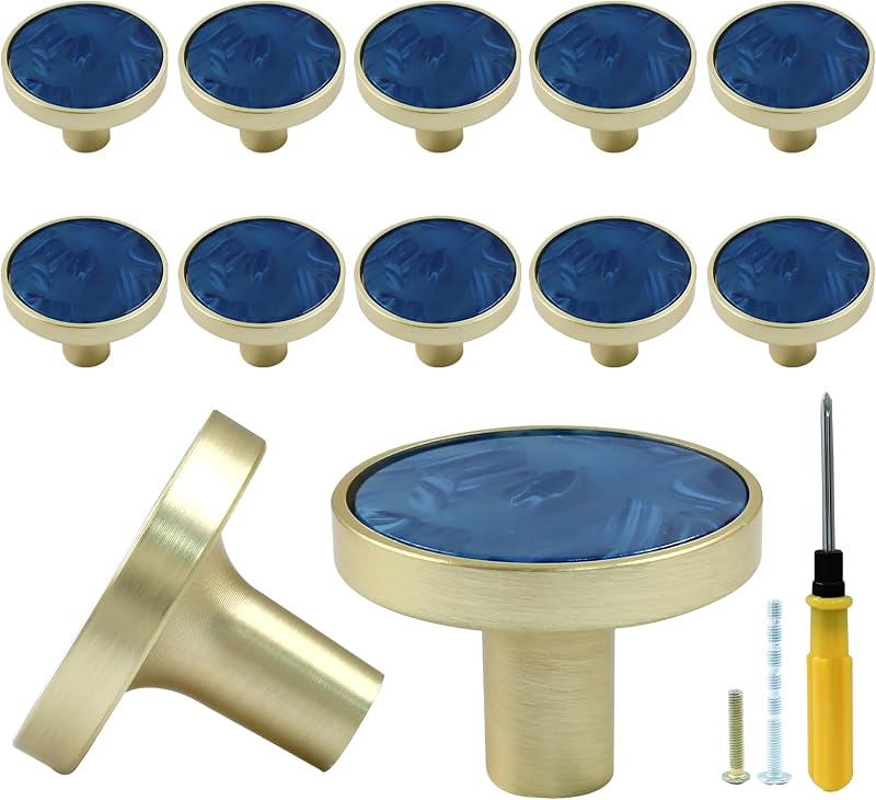 12 Pomos Dorados para Cajones Redondos Azul Marino