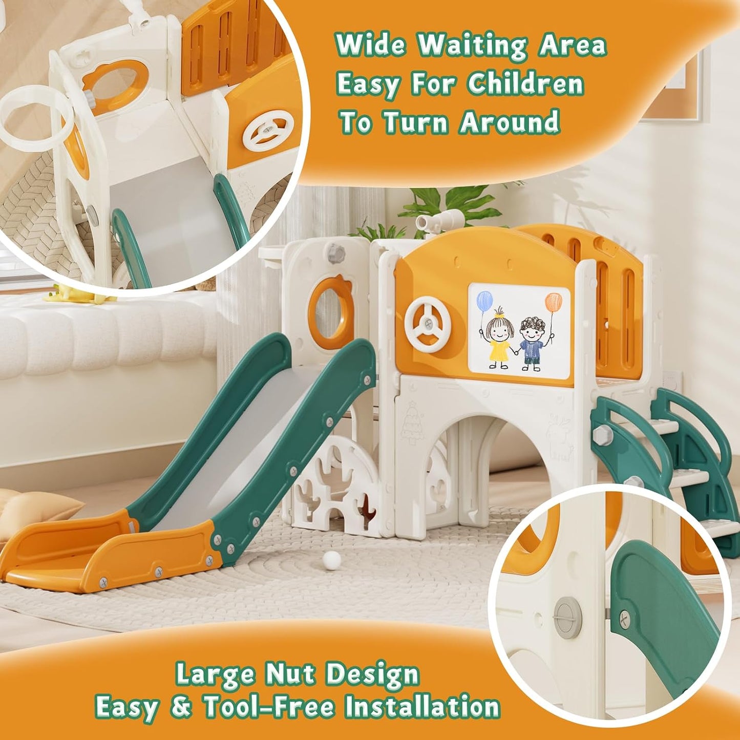 Tobogán infantil con set y almacenamiento verde amarillo