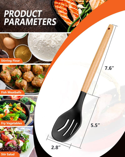 Cucharas silicona antiadherentes mango madera ranurado 2 pzas negro