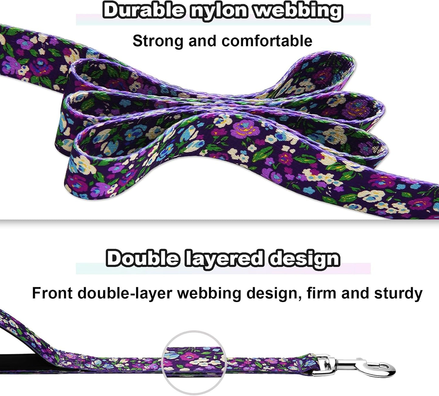 Correa perro 6ft doble asa suave floral morado