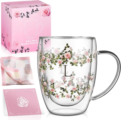 Taza Vidrio Doble Pared Rosa 12oz con Inicial para Mujer