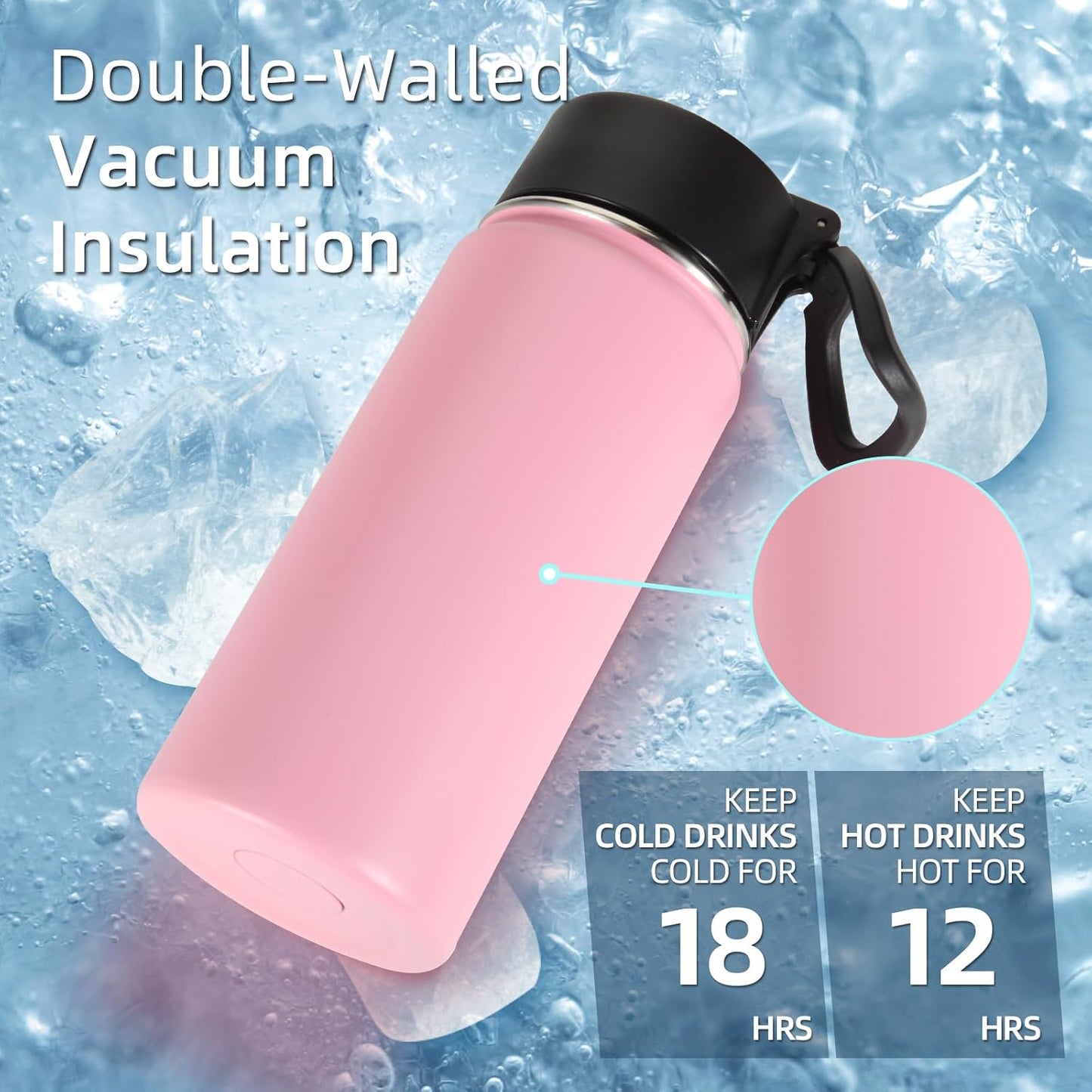 8 Botellas agua niños 16oz aisladas con pajilla asa rosa
