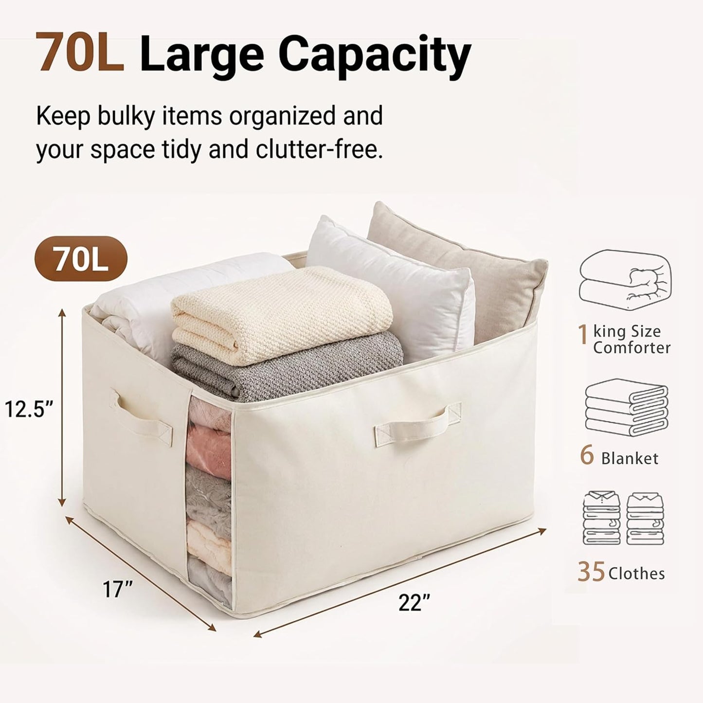 Bolsas lona almacenamiento ropa asas 70L set 3 beige