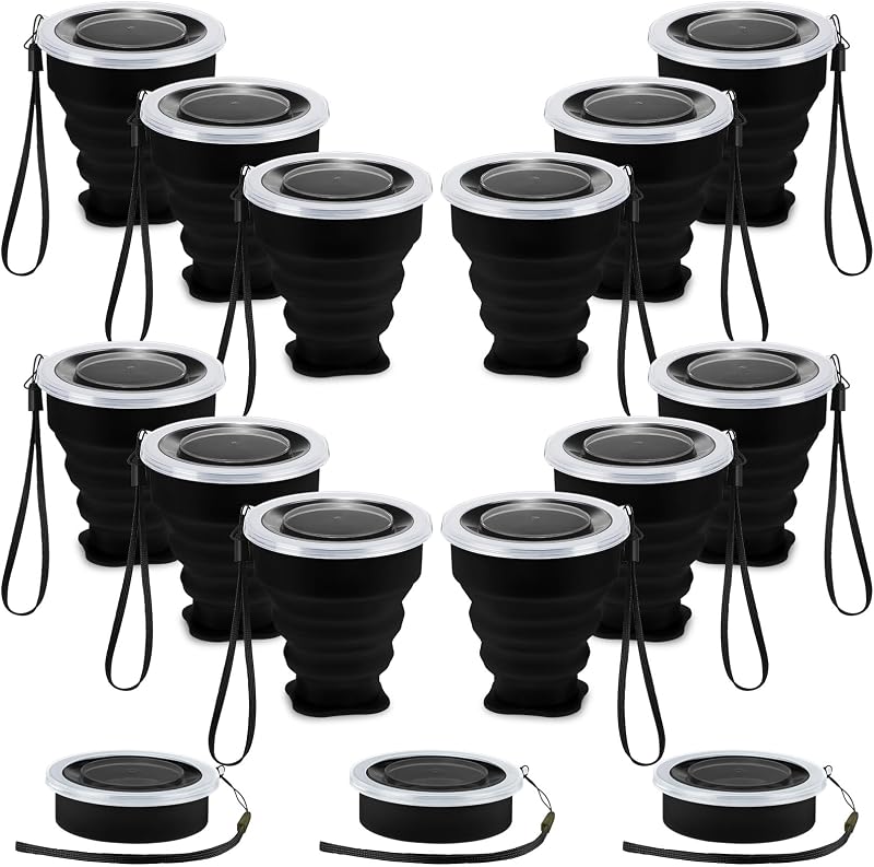 12 Tazas Silicona 7.04oz Plegables para Viajar con Tapas