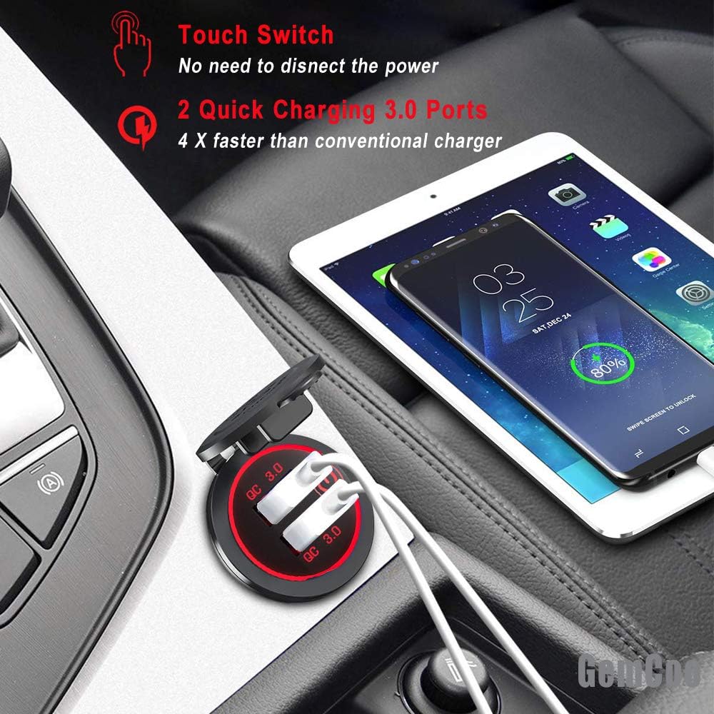Cargador coche dual USB 36W QC3.0 12/24V táctil