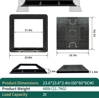 Cubierta tanque séptico 24x24pulg antiderrap asa negro