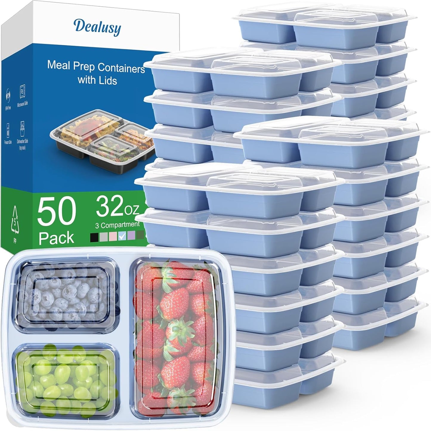 50 Pzas Recipientes 32oz 3 Compartimentos Reutilizables