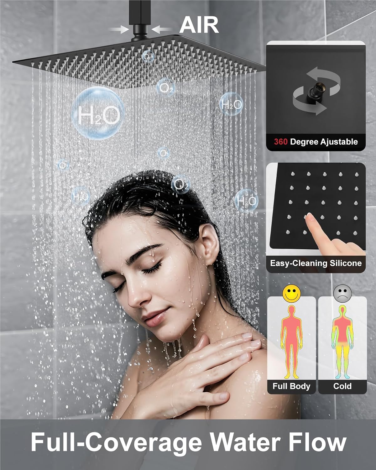 Set grifo ducha techo lluvia y cabezal mano 16pulg negro