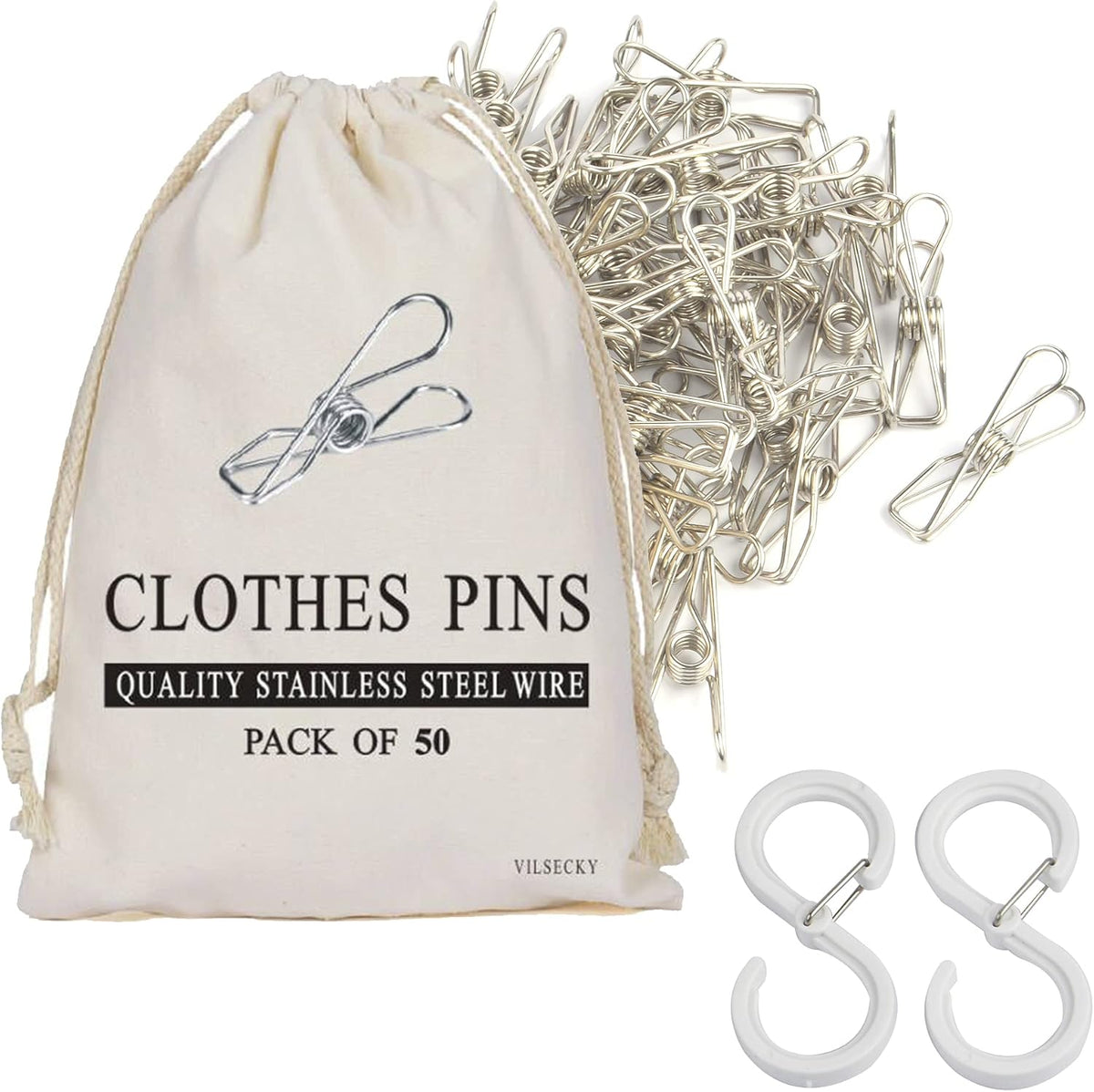 50 Pinzas Ropa Sucia Acero Inox Alambre con Bolsa y Ganchos