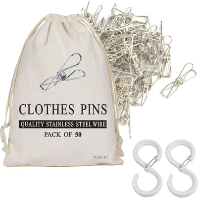 50 Pinzas Ropa Sucia Acero Inox Alambre con Bolsa y Ganchos