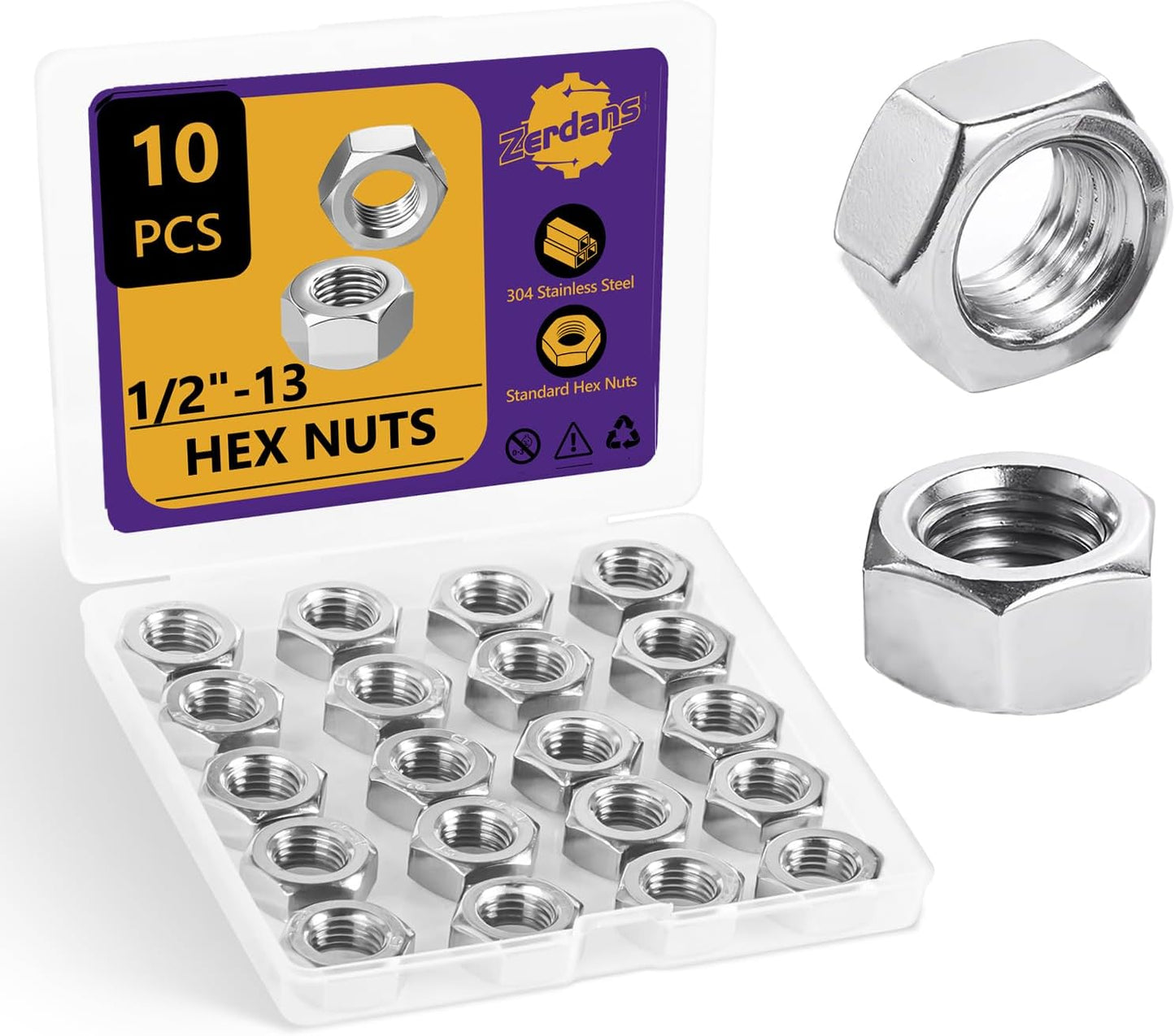 Set 10 Tuercas Hex 1/2-13 Acero Inox para Muebles