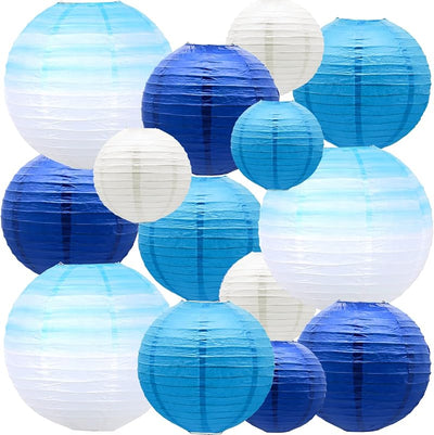 14 Faroles Colgantes Papel 10x8x6pulg Azul y Blanco Fiesta Boda