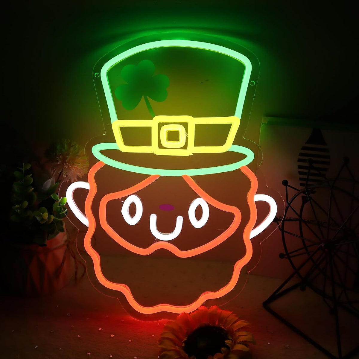 Letrero neón San Patricio sombrero trébol LED verde y naranja
