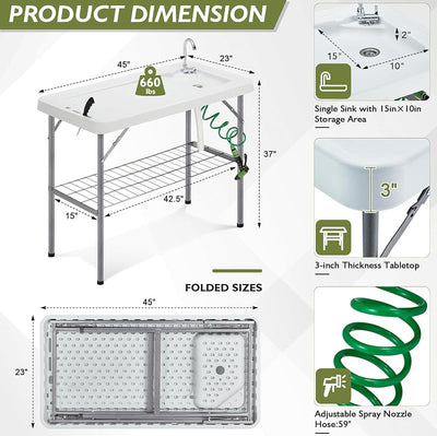 Mesa plegable limpieza pescado camping con grifo y drenaje