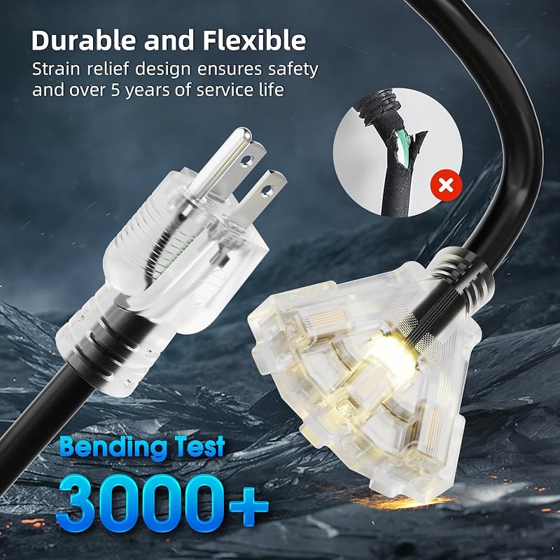 Cable extensión exterior 25ft negro 12 impermeable 3 tomas