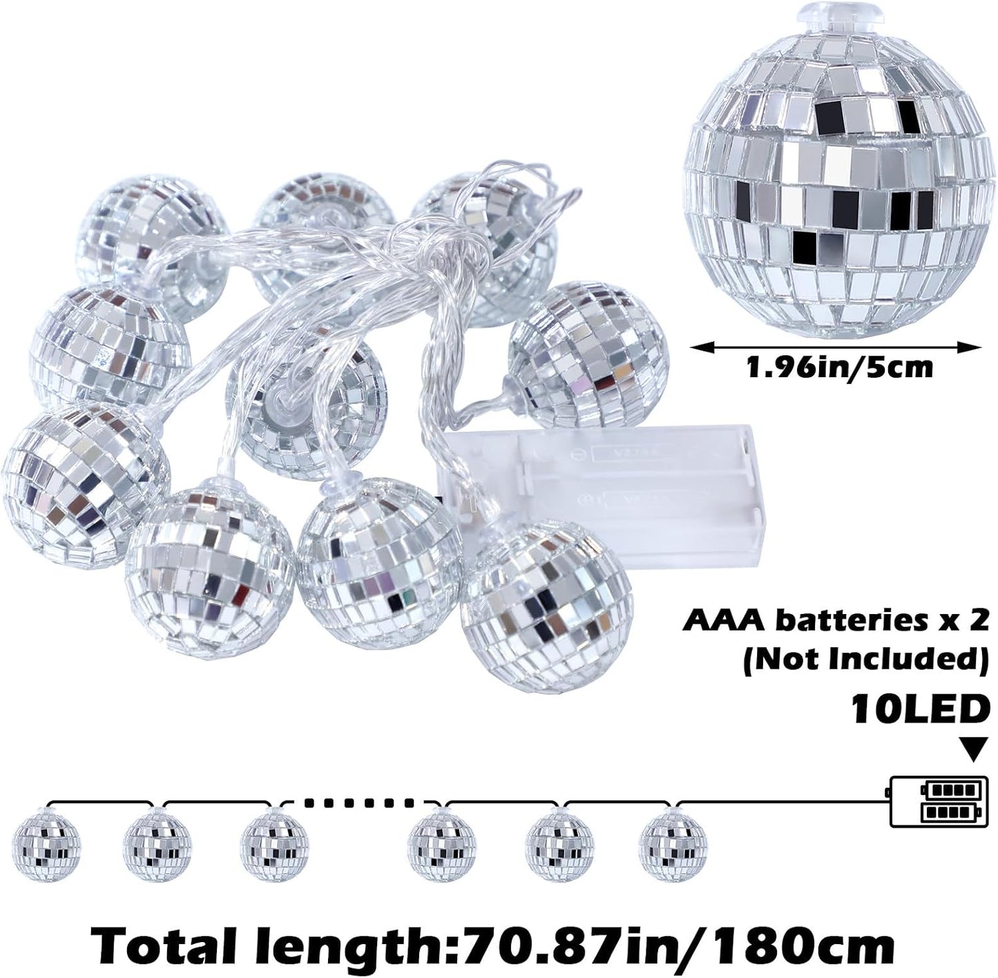 10 Tiras Luces LED Bola Discoteca 2pulg Espejo Plateado
