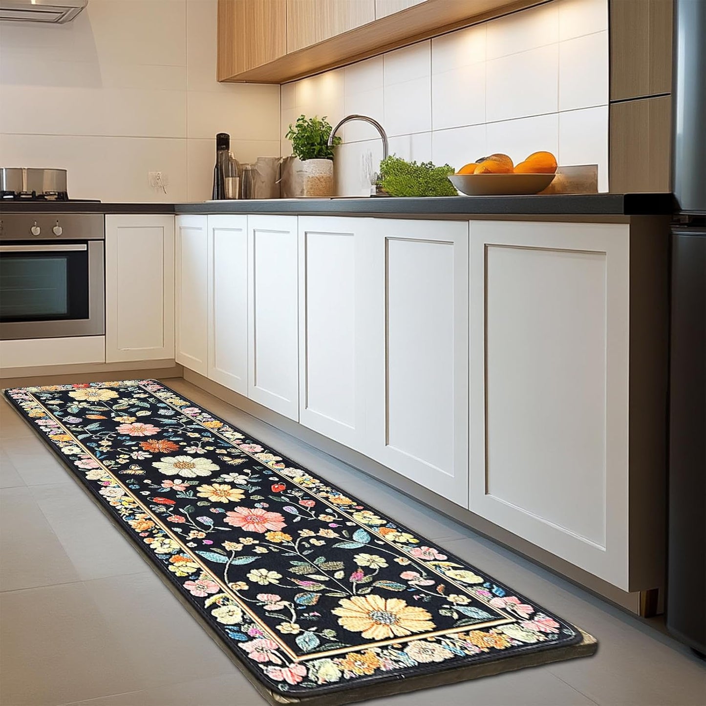 Alfombra floral 2x5pulg antideslizante negro interiores