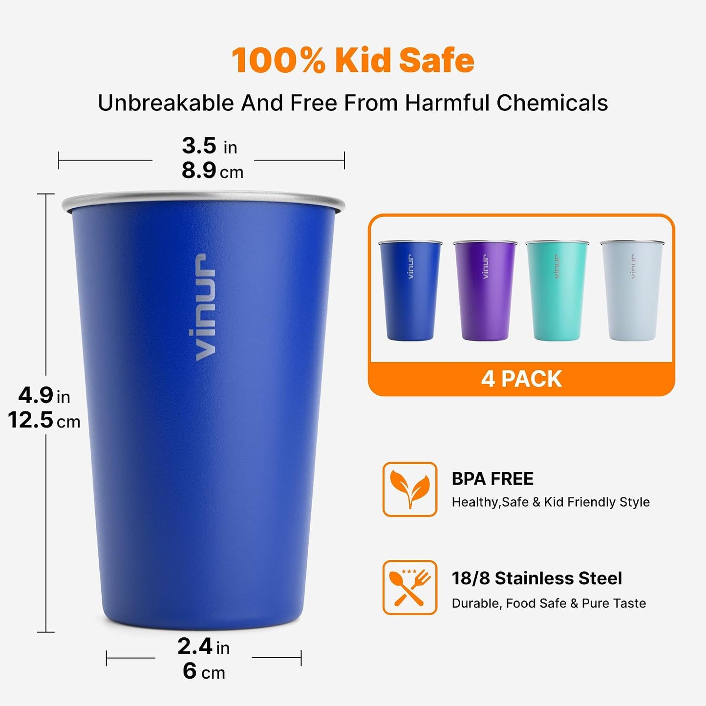 4 Vases Acero Inox 16oz Apilables Viaje Azul Bebé