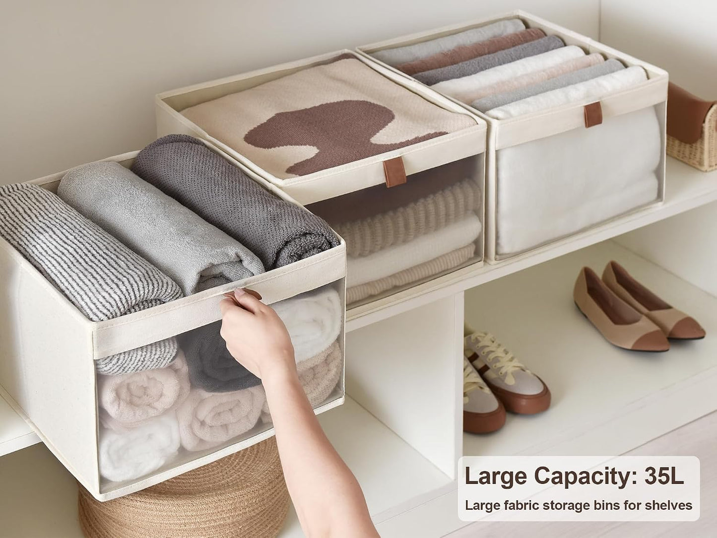 Cesta almacenamiento armario extra grande con ventana beige