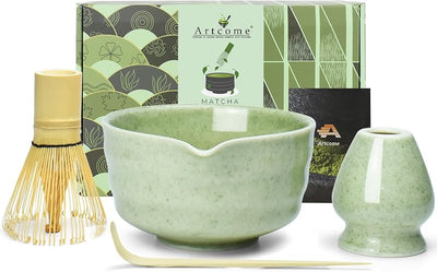 Juego té matcha 4 pzas cuenco batidor soporte cuchara verde claro