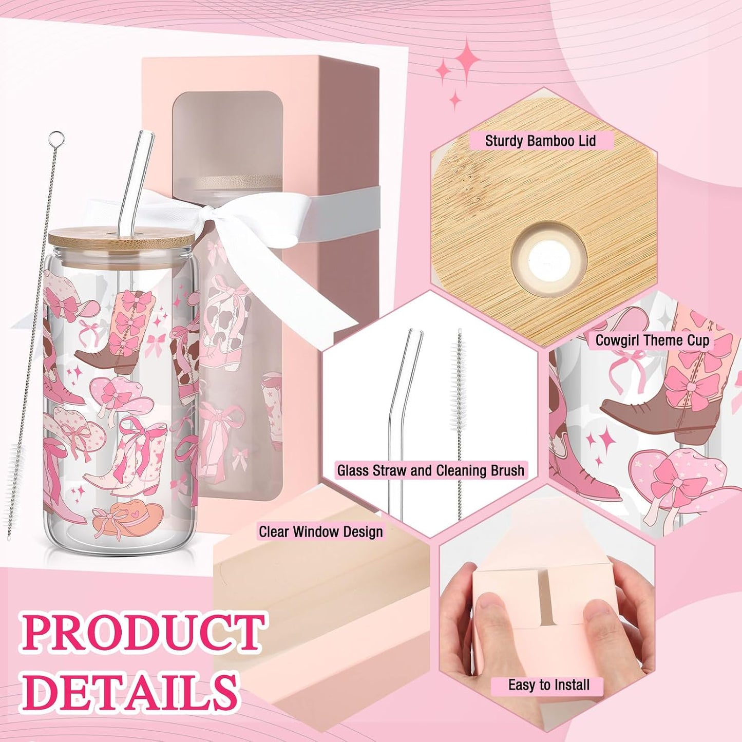 6 Tazas Vidrio Lazo Rosa 16oz con Tapa y Pajita Regalo