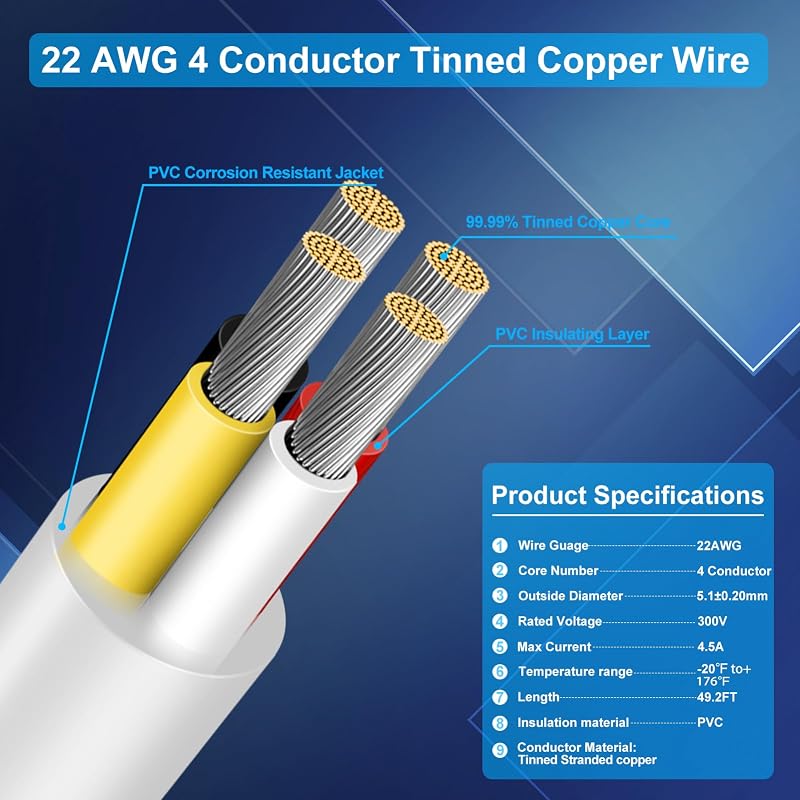 Cable eléctrico 22/4 conductores 49.2ft cobre estañado flexible